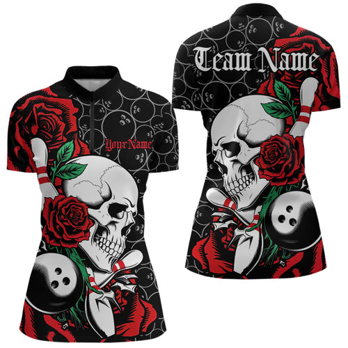 Custom Red Roses And Skull Bowling Quarter-Zip Shirts For Women, Team Bowling League Shirt IPHW8842