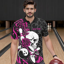 Load image into Gallery viewer, Custom Pink Roses And Skull Bowling Polo Shirts For Men, Team Bowling League Shirt IPHW8843