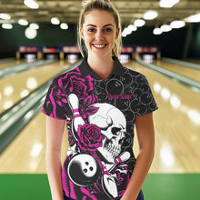 Load image into Gallery viewer, Custom Pink Roses And Skull Bowling Polo Shirts For Women, Team Bowling League Shirt IPHW8843