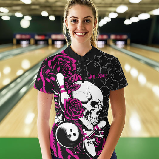 Custom Pink Roses And Skull Bowling Quarter-Zip Shirts For Women, Team Bowling League Shirt IPHW8843
