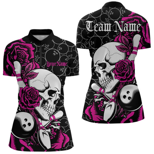 Custom Pink Roses And Skull Bowling Quarter-Zip Shirts For Women, Team Bowling League Shirt IPHW8843