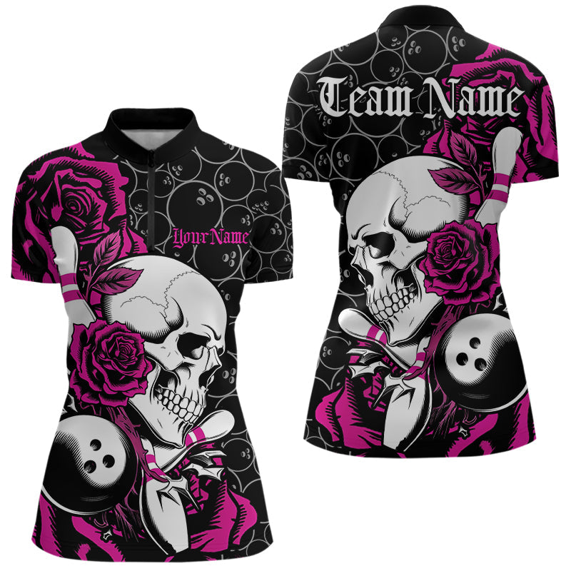 Custom Pink Roses And Skull Bowling Quarter-Zip Shirts For Women, Team Bowling League Shirt IPHW8843