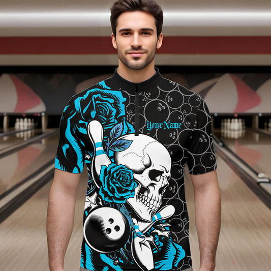 Custom Blue Roses And Skull Bowling Quarter-Zip Shirts For Men, Team Bowling League Shirt IPHW8844
