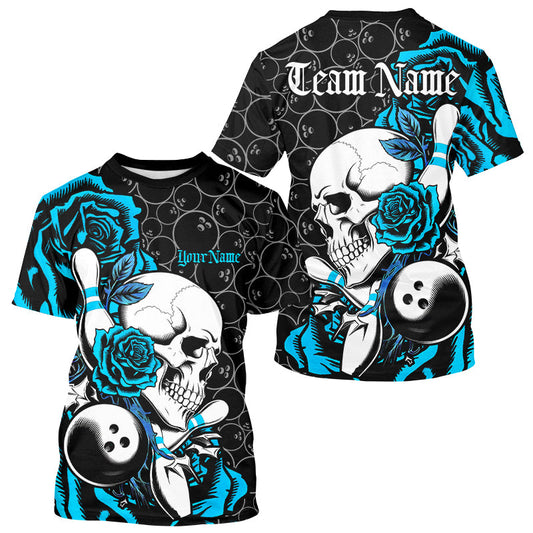Custom Blue Roses And Skull Bowling T-Shirts For Men, Team Bowling League IPHW8844