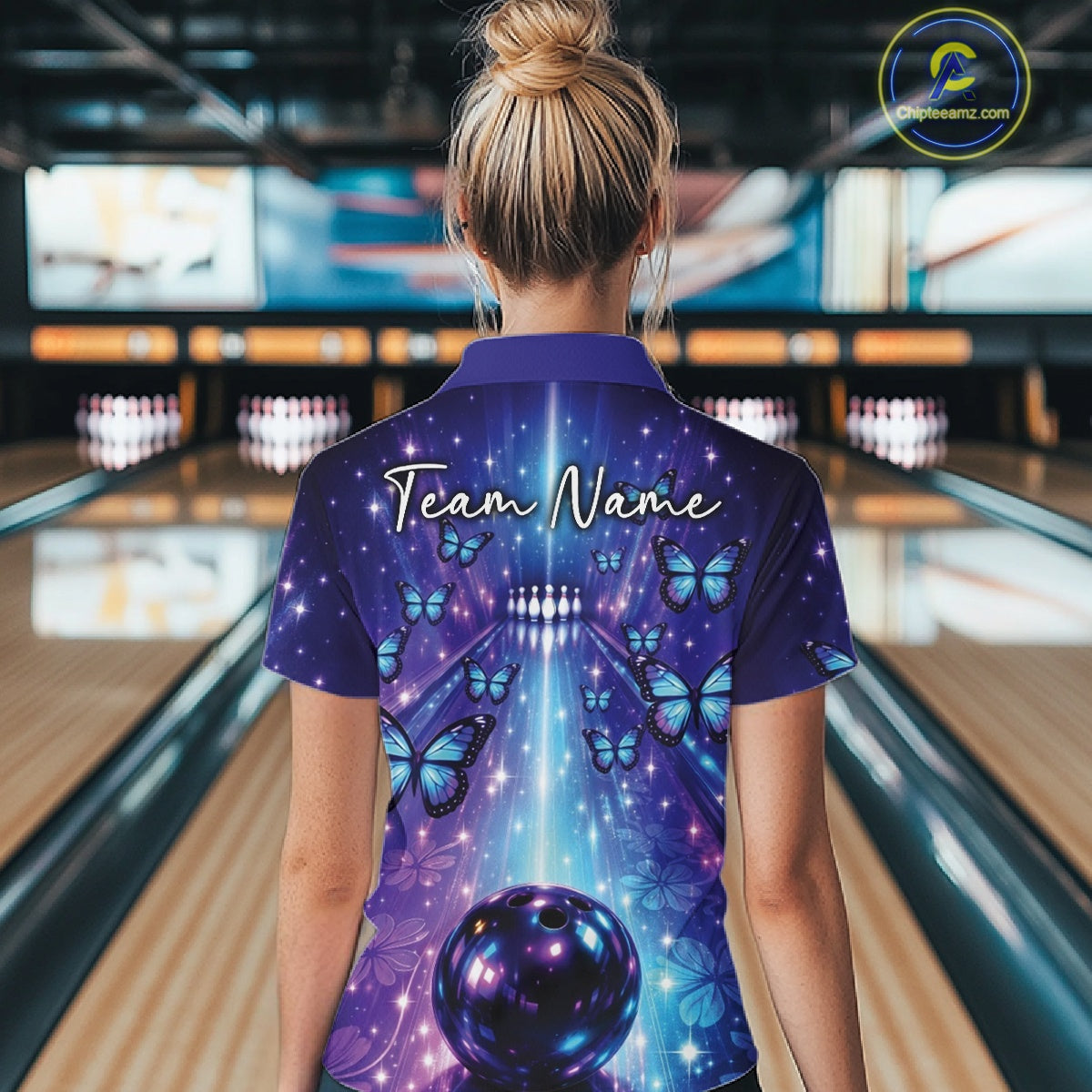 Custom Blue And Purple Galaxy Bowling Lane Butterfly Bowling Women Quarter-Zip Shirt IPHW10913