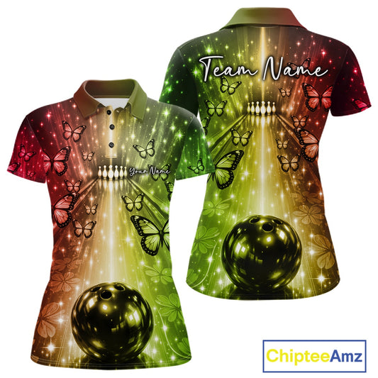 Custom Red And Green Galaxy Bowling Lane Butterfly Bowling Team Women Polo Shirt IPHW10914