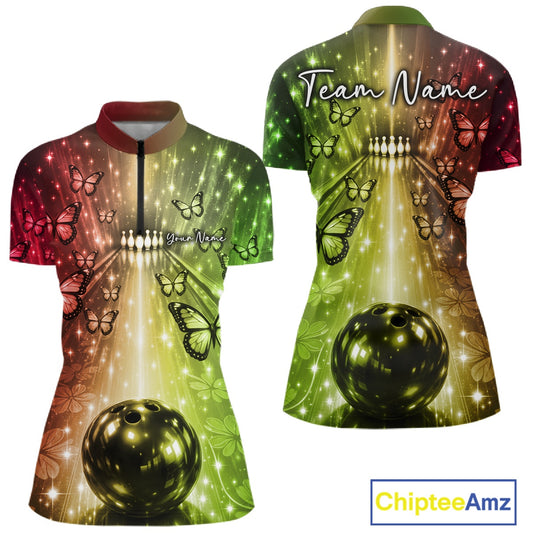 Custom Red And Green Galaxy Bowling Lane Butterfly Bowling Team Women Quarter-Zip Shirt IPHW10914