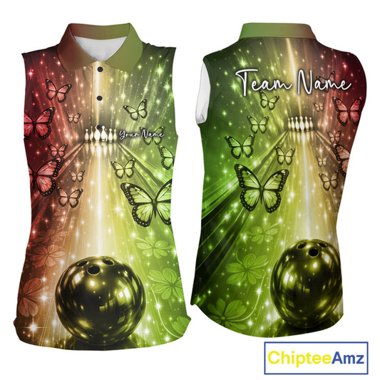 Custom Red And Green Galaxy Bowling Lane Butterfly Bowling Team Women Sleeveless Polo Shirt IPHW10914
