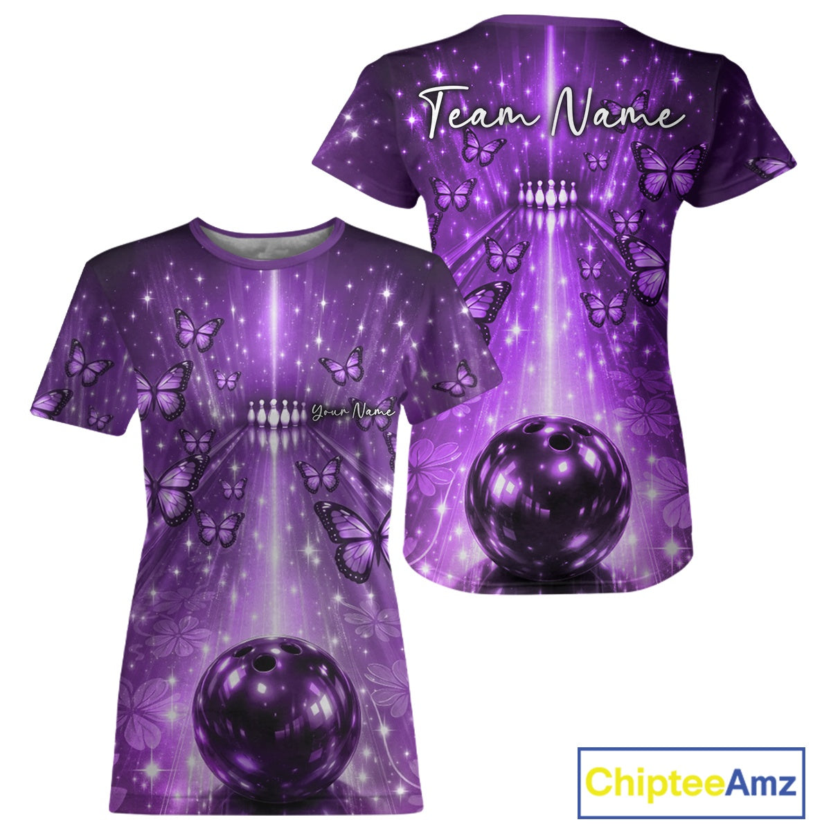 Custom Purple Galaxy Bowling Lane Butterfly Bowling Team Women T-Shirts IPHW10917