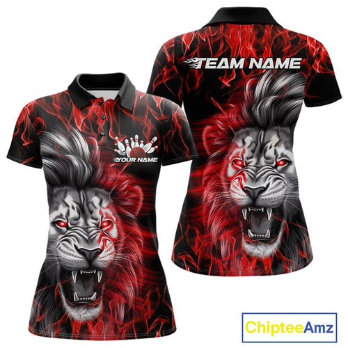 Custom Red Flame Lion Bowling Polo Team Shirts For Women, Lion Bowling League Shirt IPHW9326