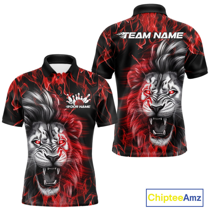 Custom Red Flame Lion Bowling Polo Team Shirts For Men, Lion Bowling League Shirt IPHW9326