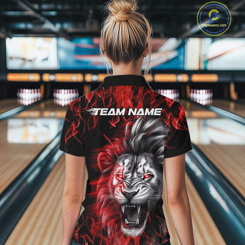 Custom Red Flame Lion Bowling Quarter-Zip Team Shirt For Women, Lion Bowling League Shirt IPHW9326