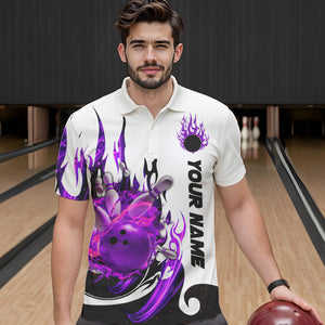 Custom Purple Flame Bowling Shirts For Men, Galaxy Bowling Team Shirts Bowling Uniform IPHW7084