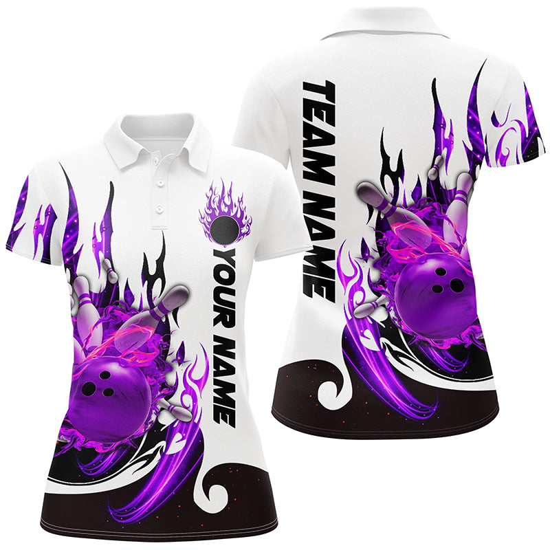 Custom Purple Flame Bowling Shirts For Women, Galaxy Bowling Team Shirts Bowling Uniform IPHW7084