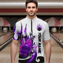 Load image into Gallery viewer, Custom Purple Flame Bowling Shirts For Men, Galaxy Bowling Team Shirts Bowling Uniform IPHW7084