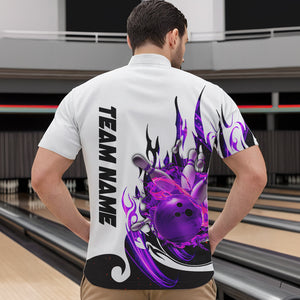 Custom Purple Flame Bowling Shirts For Men, Galaxy Bowling Team Shirts Bowling Uniform IPHW7084