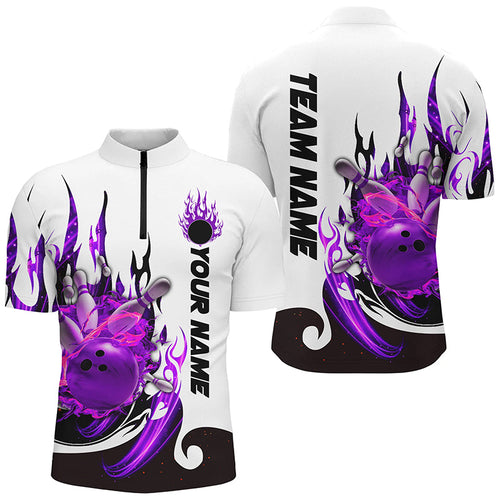 Custom Purple Flame Bowling Shirts For Men, Galaxy Bowling Team Shirts Bowling Uniform IPHW7084