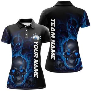 Blue Smoke Flame Custom Skull Ladies Bowling Shirts, Bowling Team Uniform Halloween Outfit IPHW7392