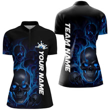 Load image into Gallery viewer, Blue Smoke Flame Custom Skull Ladies Bowling Shirts, Bowling Team Uniform Halloween Outfit IPHW7392