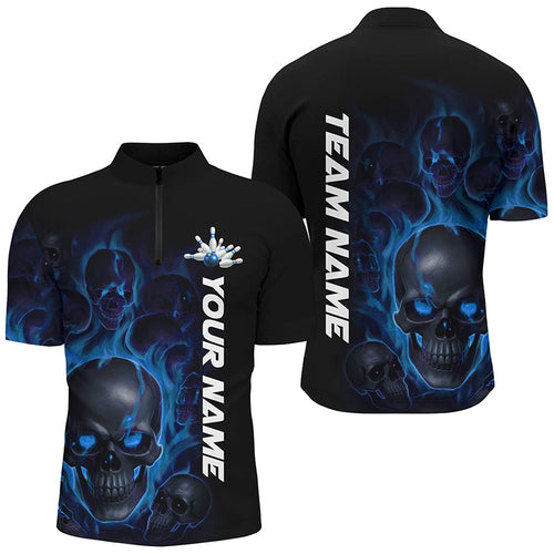 Blue Smoke Flame Custom Skull Bowling Shirts  For Men, Bowling Team Uniform Halloween Outfit IPHW7392