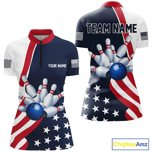 Custom Patriotic Bowling Shirts For Women, US Bowling Team Shirts American Flag Shirt IPHW7395