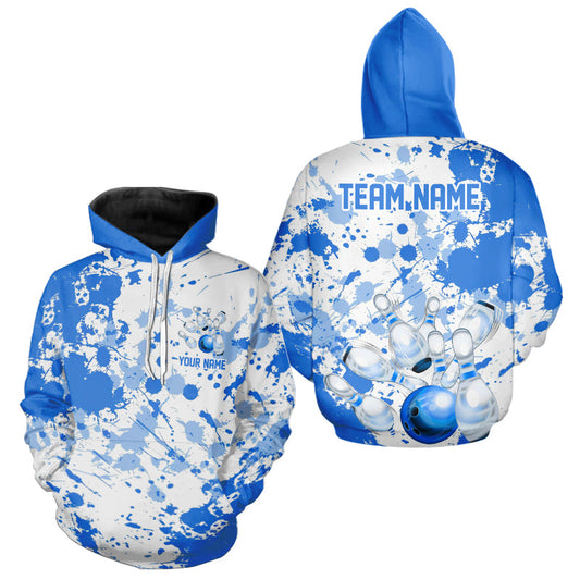 Custom White And Blue Splatter Bowling Hoodie Shirts For Men And Women, Bowling Team Shirts With Name IPHW7918