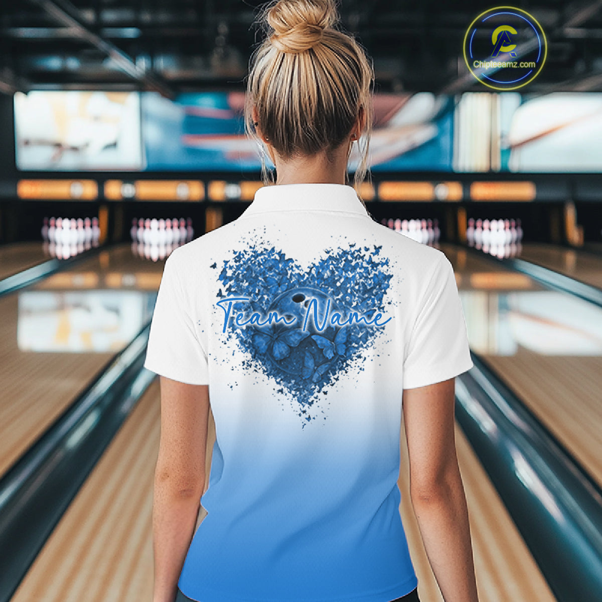 Custom Blue Butterflies Heart Bowling Team Women Polo Shirts, Ladies Bowling League Shirt IPHW10236