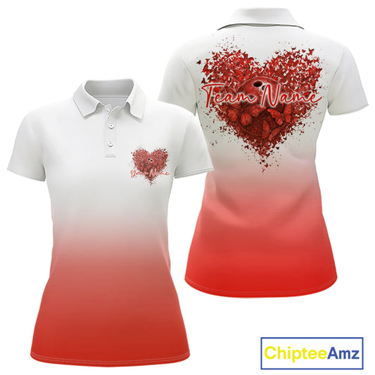 Custom Red Butterflies Heart Bowling Team Women Polo Shirts, Ladies Bowling League Shirt IPHW10237
