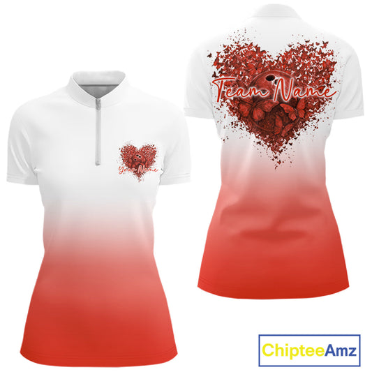 Custom Red Butterflies Heart Bowling Women Quarter-Zip Shirts, Bowling League Shirt IPHW10237