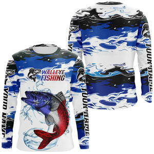 Custom Patriotic Walleye Fishing Camo Jerseys, American Flag Walleye Long Sleeve Fishing Shirts IPHW6050