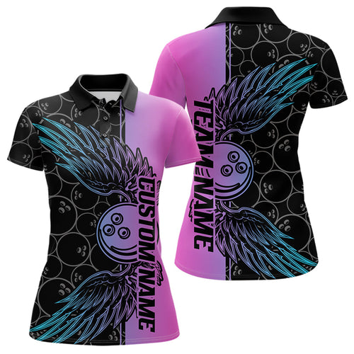 Blue And Pink Custom Bowling Tournament Women Polo Shirts, Bowling Ball And Wings Jerseys IPHW8847