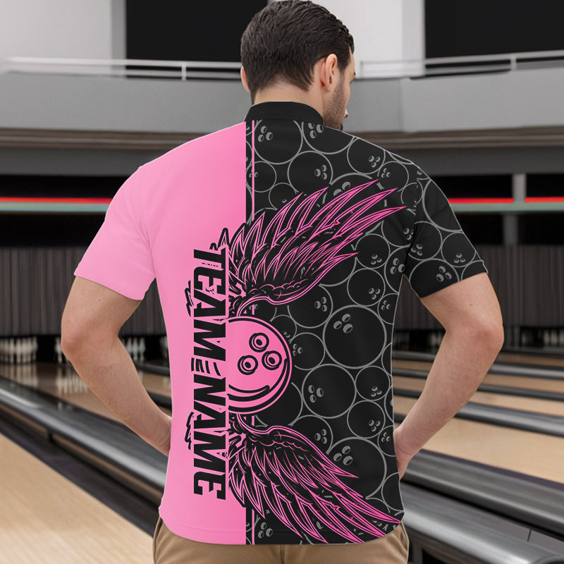 Black And Pink Custom Bowling Tournament Men Quarter-Zip Shirts, Bowling Ball And Wings Jerseys IPHW8848