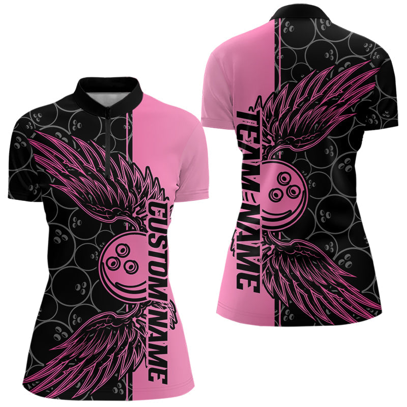 Black And Pink Custom Bowling Tournament Women Quarter-Zip Shirts, Bowling Ball And Wings IPHW8848
