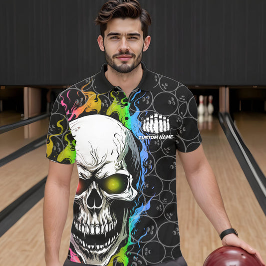 Custom Rainbow Color Flame Skull Bowling Men Polo Shirts, Bowling Pattern Team League Shirt IPHW8852