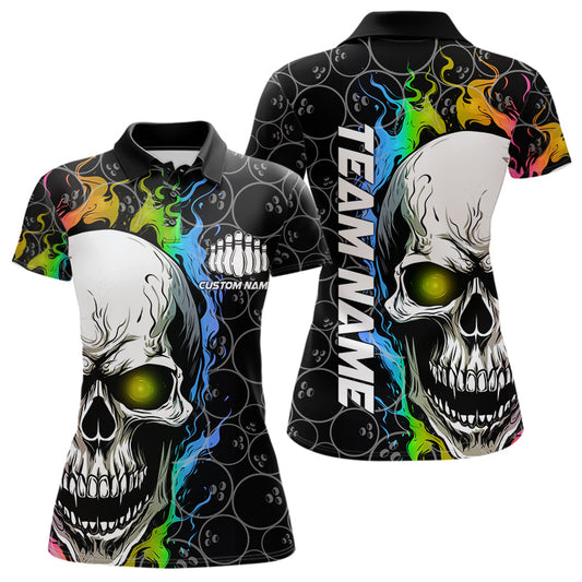 Custom Rainbow Color Flame Skull Bowling Women Polo Shirts, Bowling Team League Shirt IPHW8852