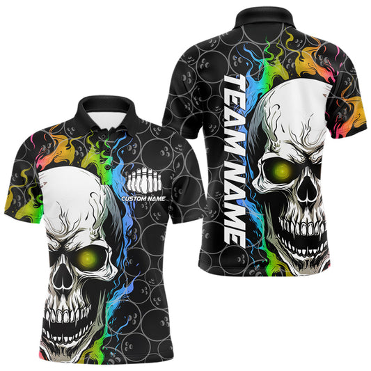 Custom Rainbow Color Flame Skull Bowling Men Polo Shirts, Bowling Pattern Team League Shirt IPHW8852