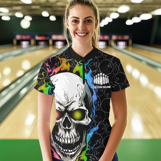 Custom Rainbow Flame Skull Bowling Women Quarter-Zip Shirts, Bowling Team League Shirt IPHW8852