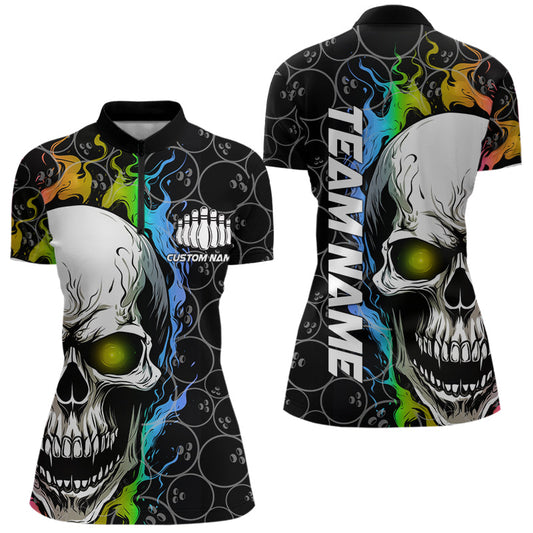 Custom Rainbow Flame Skull Bowling Women Quarter-Zip Shirts, Bowling Team League Shirt IPHW8852