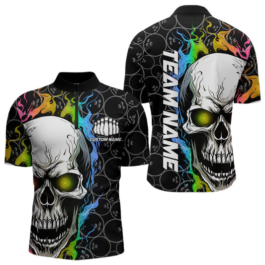 Custom Rainbow Color Flame Skull Bowling Men Quarter-Zip Shirts, Bowling Pattern Team League Shirt IPHW8852