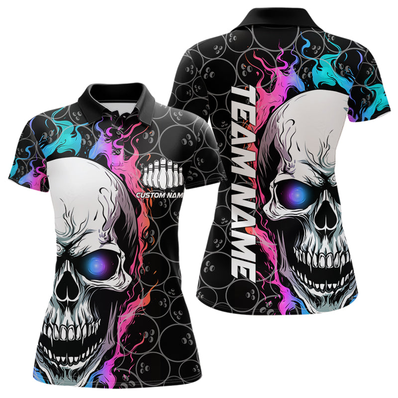 Custom Blue And Pink Flame Skull Bowling Women Polo Shirts, Bowling Team League Shirt IPHW8853