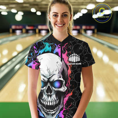 Custom Blue And Pink Flame Skull Bowling Women Quarter-Zip Shirt, Bowling Team League Shirt IPHW8853