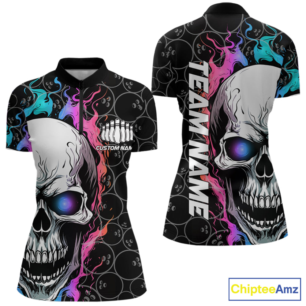 Custom Blue And Pink Flame Skull Bowling Women Quarter-Zip Shirt, Bowling Team League Shirt IPHW8853