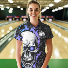 Load image into Gallery viewer, Custom Blue And Purple Flame Skull Bowling Women Polo Shirts, Bowling Team League Shirt IPHW8854