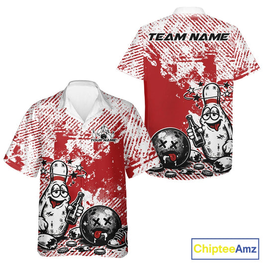 Front and back view of a button-up bowling shirt mockup in red and white, featuring humorous drunk bowling pin holding beer bottle and bowling ball design.