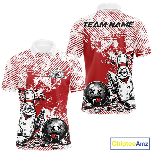 Front and back view of a men’s polo shirt mockup in red and white, featuring drunk cartoon bowling pin holding beer bottle and bowling ball with grunge texture.