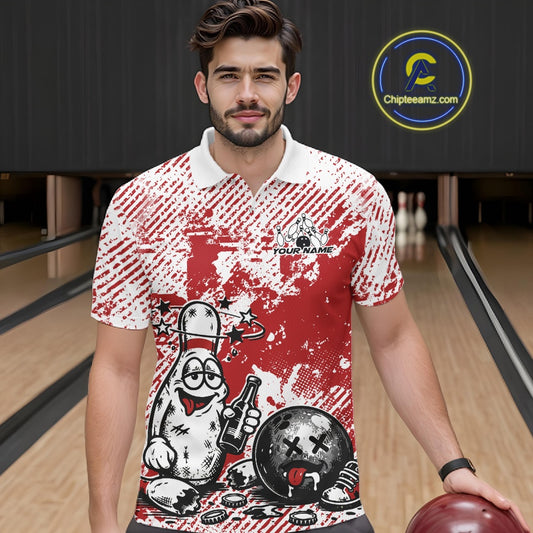 In a bowling lane, male model wearing a red and white polo shirt, humorous drunk cartoon bowling pin holding a beer bottle and bowling ball with grunge-textured background artwork.