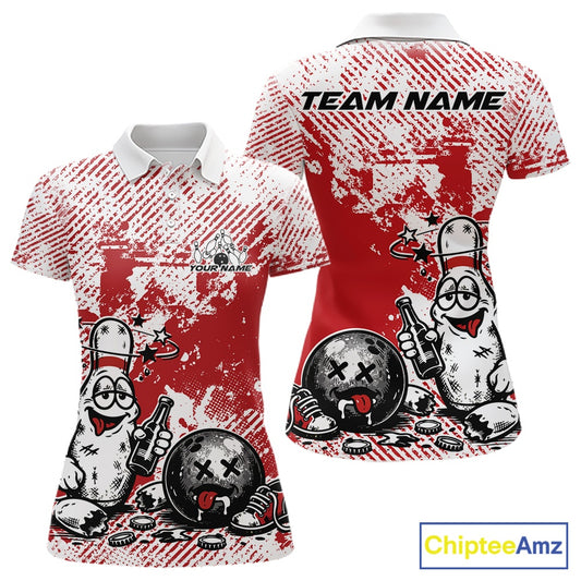 Front and back view of a women’s polo shirt mockup in red and white, featuring drunk cartoon bowling pin holding beer bottle and bowling ball artwork.