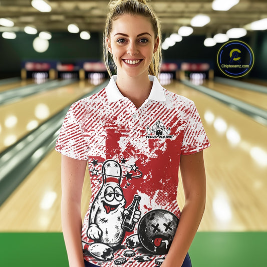 In a bowling lane, female model wearing a red and white polo shirt, humorous drunk cartoon bowling pin holding a beer bottle and bowling ball with grunge-style textured background artwork.