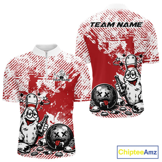 Front and back view of a men’s quarter-zip bowling shirt mockup in red and white, featuring drunk bowling pin holding beer bottle and bowling ball.