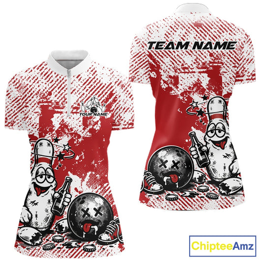 Women’s quarter zip bowling shirt mockup in red and white, grunge texture background, playful drunk bowling pin holding beer bottle and bowling ball